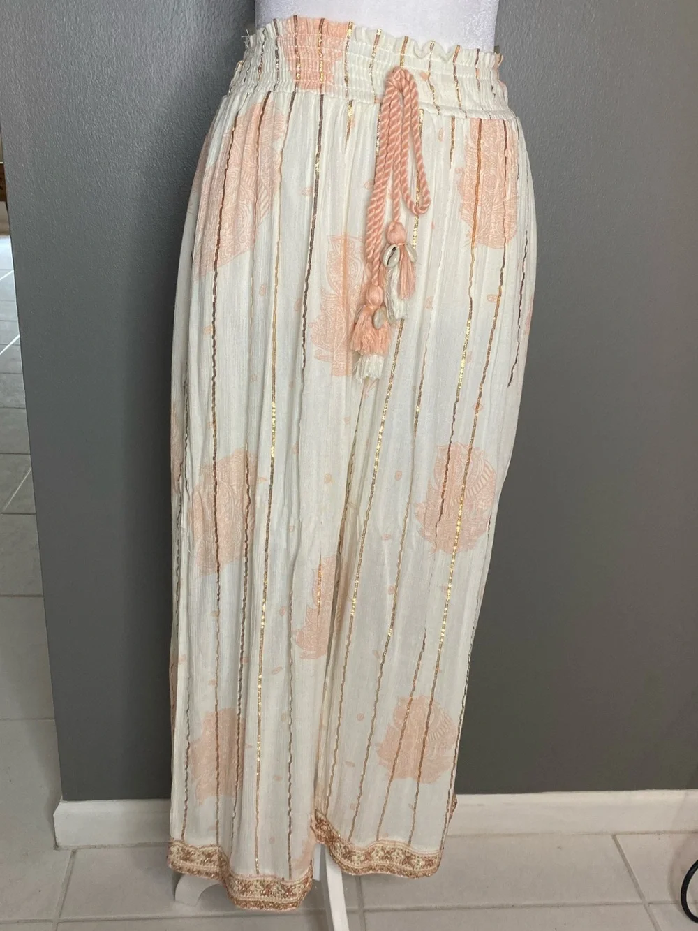 NWOT! ZURY Cream & Peach Embroidered Bohemian Kimono & Wide-Leg Pants Set - OS